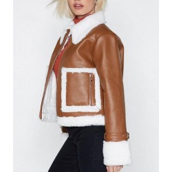 Womens Brown Cropped Aviator Leather Jacket